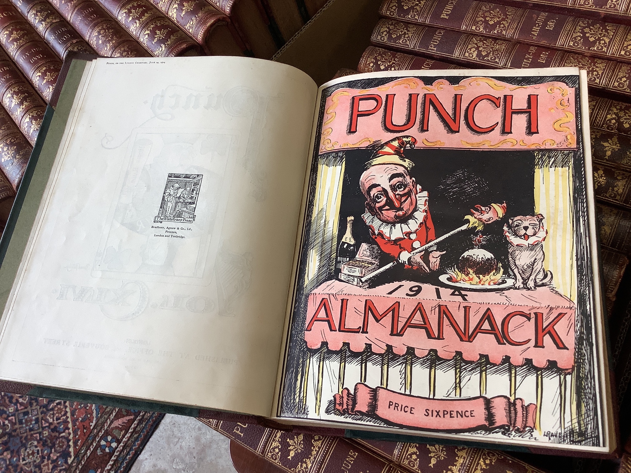 Punch Magazine January 1906 to June 1916, January 1917 to June 1938, January 1950 to June 1966 in 98 gilt tooled leather bindings